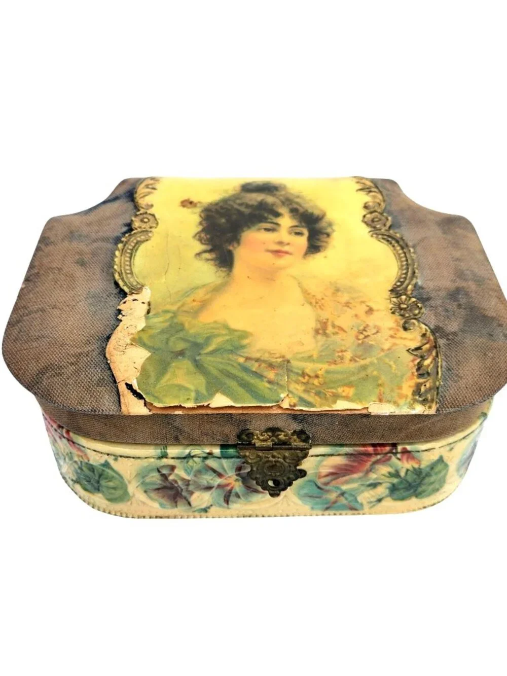 Antique Victorian Edwardian Celluloid Vanity Dresser Jewelry Box Portrait Lid
